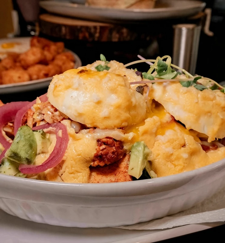 Eggs Benedict with hollandaise and greens at Rise & Dine Restaurant