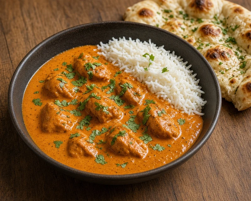 Butter chicken with basmati rice and naan