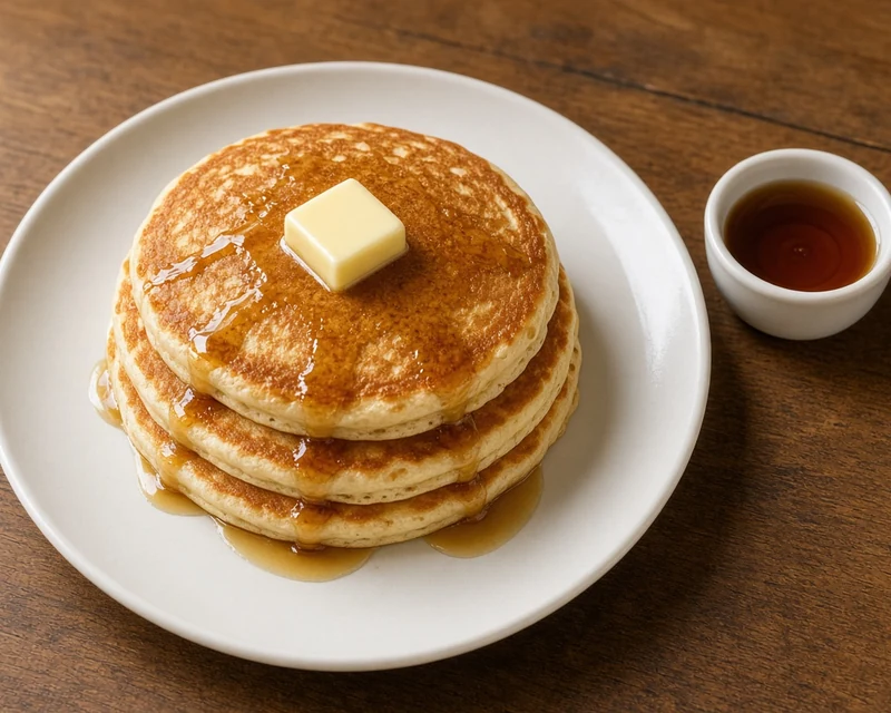 Stack of buttermilk pancakes with butter and maple syrup