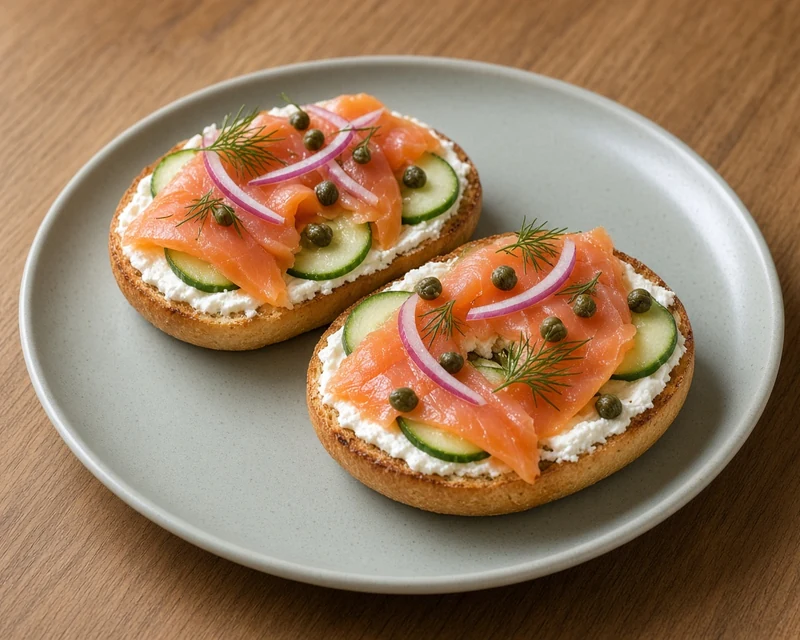 Open-faced smoked salmon bagel with cream cheese, capers, cucumber, red onion and dill