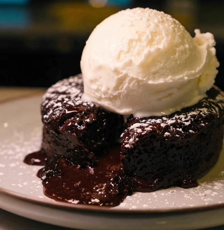 Chocolate lava cake with ice cream at Rise & Dine Restaurant
