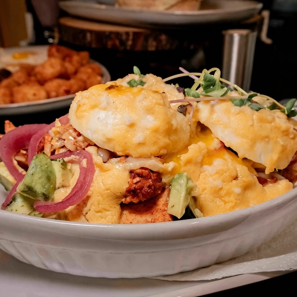 Eggs Benedict with hollandaise and greens at Rise & Dine Restaurant
