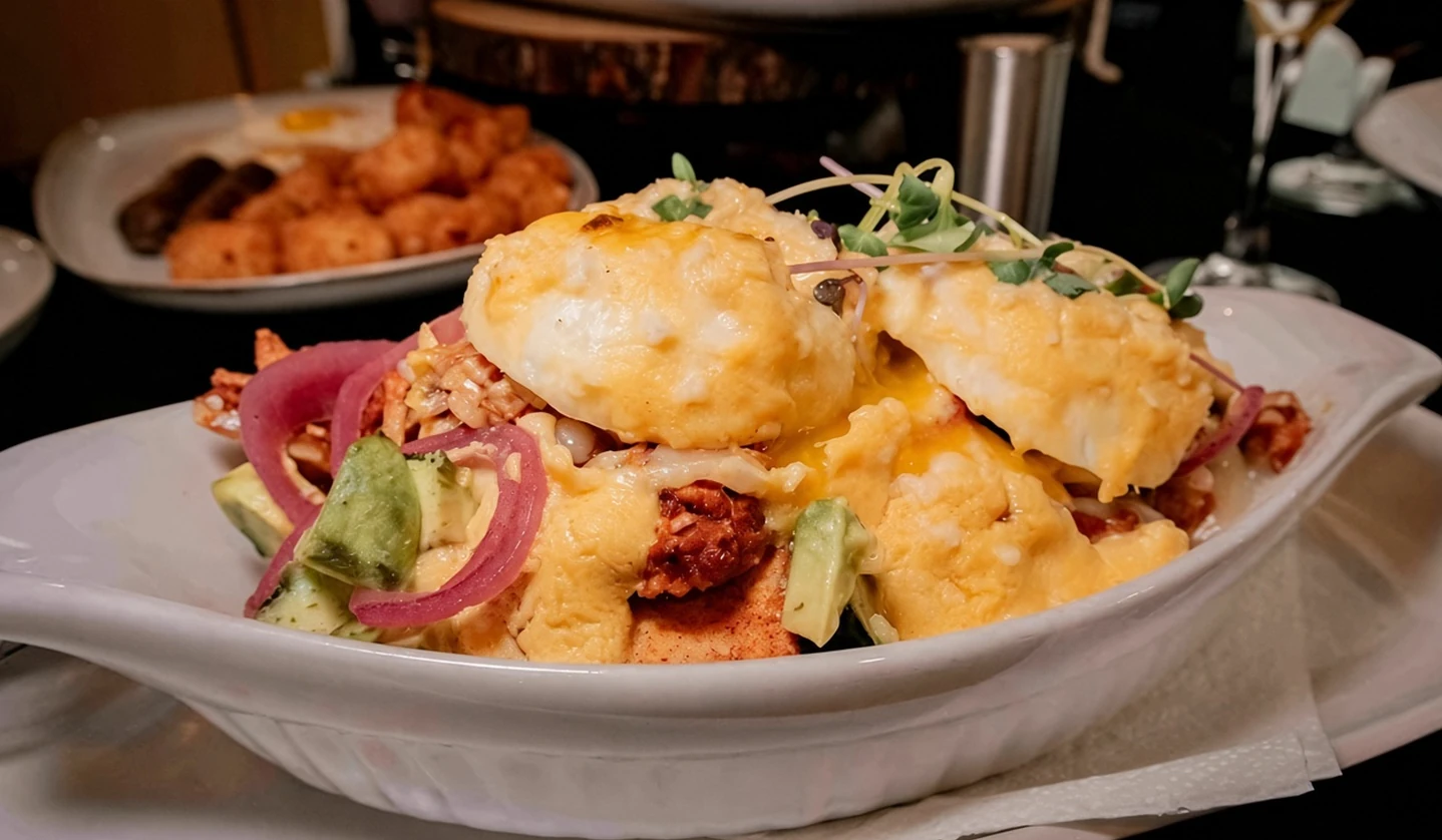 Eggs Benedict with hollandaise and greens at Rise & Dine Restaurant