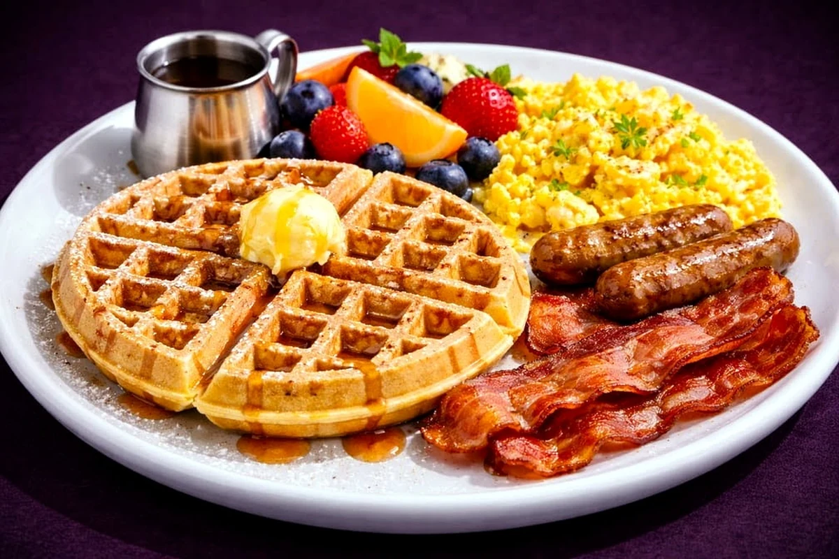 Waffles, eggs, bacon, sausage and fruit breakfast spread at Rise & Dine Okotoks